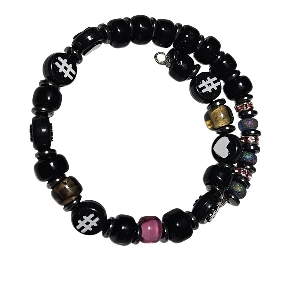 Handmade Black Beaded Coil Bracelet Charms Color Accents Fashion Jewelry Women